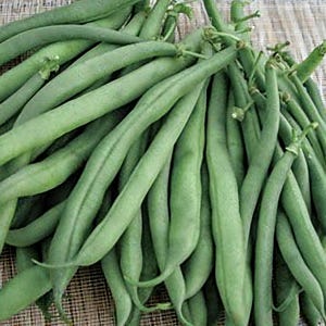 May include: A bunch of fresh green string beans, piled together on a woven surface.