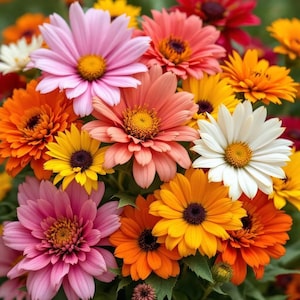 May include: A vibrant bouquet of multi-colored flowers featuring pink, orange, yellow, and white petals. Each flower has a distinct central disk, with some displaying dark brown or yellow centers. The arrangement includes various daisy-like blooms.