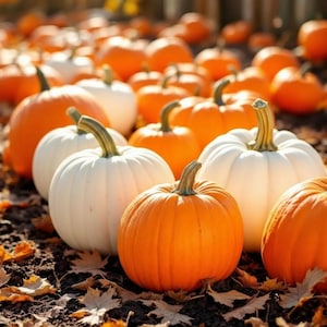May include: A collection of pumpkins in shades of bright orange and creamy white, featuring smooth, rounded surfaces and sturdy green stems. The pumpkins are arranged closely together on dark soil scattered with dried, fallen autumn leaves.