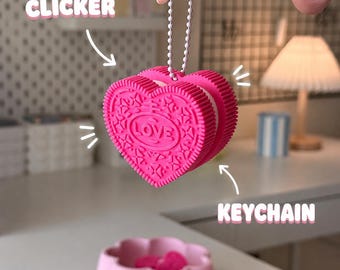 Heart Cookie Fidget Clicker Keychain, 3D Printed Sensory Toy, Pink Backpack Charm