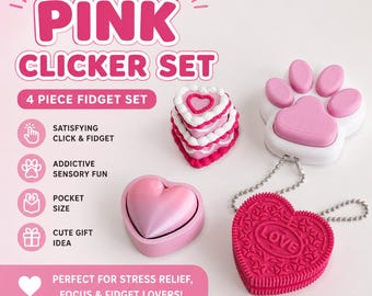 Pink Fidget Clicker Set – 4 Clickers, 2 Keychain Fidgets