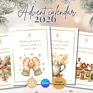 Puede incluir: Calendario de Adviento para 2026 con un diseño festivo. La imagen presenta tarjetas individuales con números e ilustraciones temáticas navideñas, incluyendo mitones, chocolate caliente y una casa acogedora. El texto incluye frases como "noche de invierno" y "la magia comienza."