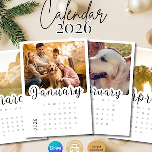 Puede incluir: Calendario 2026 con fotos familiares y un perro. El calendario incluye los meses de enero, febrero, marzo y abril. La palabra "Calendario" y el año "2026" están escritas en cursiva. Listo para imprimir y descarga instantánea.