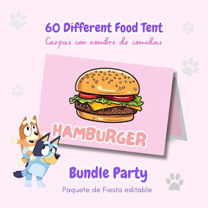 60 Different Food Name Tents for Blue Dog Party, Girl's Birthday, Food Name Place Card Pack, Blues Parties, Bingo Food Centerpiece,Canva PNG