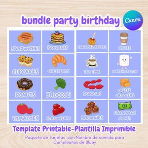 60 Blue Dog Birthday Party Food Name Tents,Decorations, Labels with Different Food Names in Spanish,Bingo Place Cards,Blue Dog Party Canva
