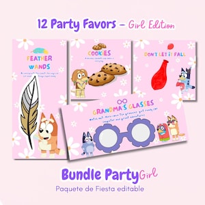 12 Printable Blue Dog Party Favors,Girl's Birthday Party Favor Pack,Blue Dog Party Gifts for Girls, Keepy Uppy, Sticky Gecko,Canva Templates