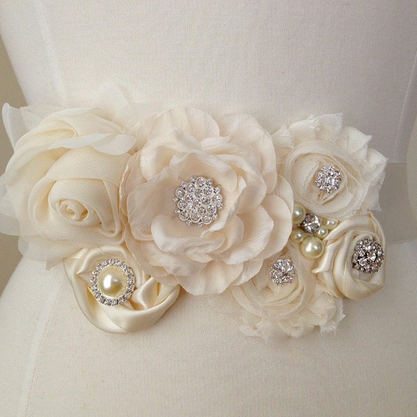Ivory Bridal Sash - Ivory Flower Jeweled Bridal Wedding Belt - READY TO SHIP