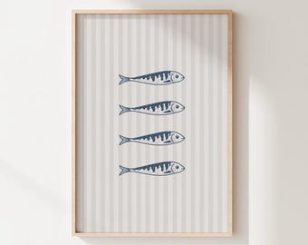 Mediterranean Striped Blue Sardines Kitchen Poster Summer Wall Art Print Coastal Fish Art Retro Abstract Nautical Seafood Wall Decor