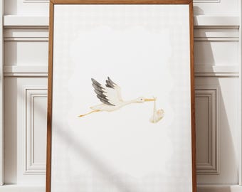 コウノトリに乗った赤ちゃんの水彩画アートプリント：ヴィンテージ妊娠
