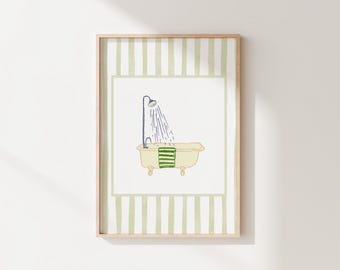 Poster a righe per vasca da bagno, vintage, minimalista, moderno, stampa per bagno, disegno, dipinto ad acquerello, verde, doccia, scarabocchio, semplice, arte murale alla moda.