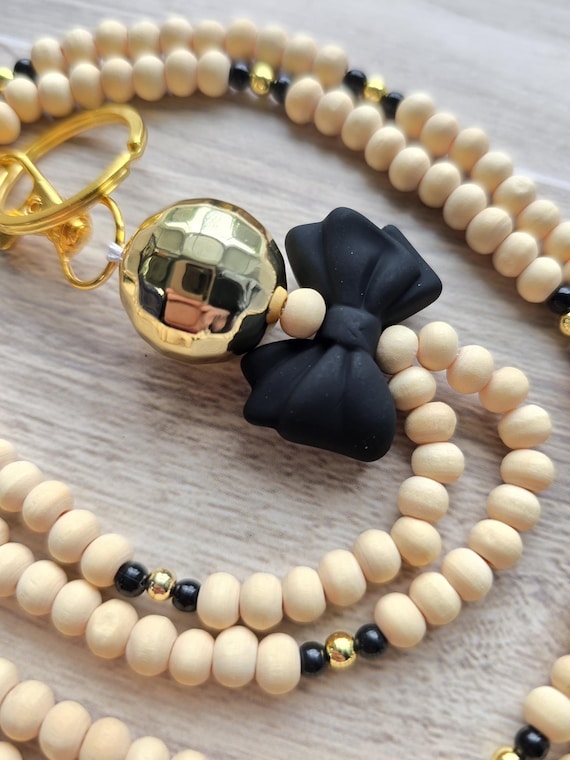 Gold disco ball black coquette bow teacher lanyard wood gold black beads Personalized Back to school Teacher Appreciation End of year gift