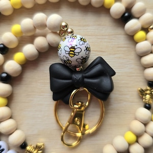 Honey Bee Teacher Lanyard with Black Coquette Bow Yellow and Black Bumble Bee Bead Personalized with name appreciation gift back to school