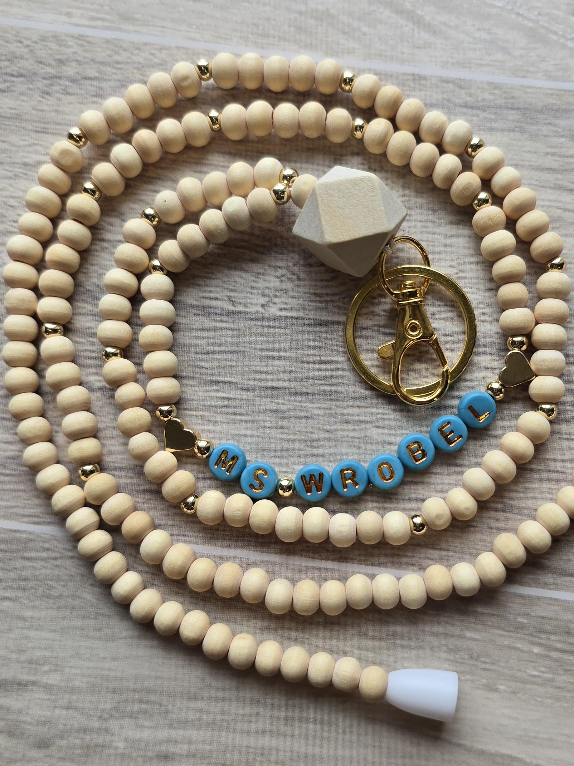 Blue Turquoise Teacher Lanyard Gold Heart Beaded Work Lanyard Teacher Appreciation Gift Personalized with Name Back to school End of School