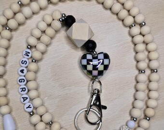 Black and White Checkered Heart Teacher Lanyard Personalized Work ID Badge Holder for Principals, Nurses, Counselors, Para, Therapists