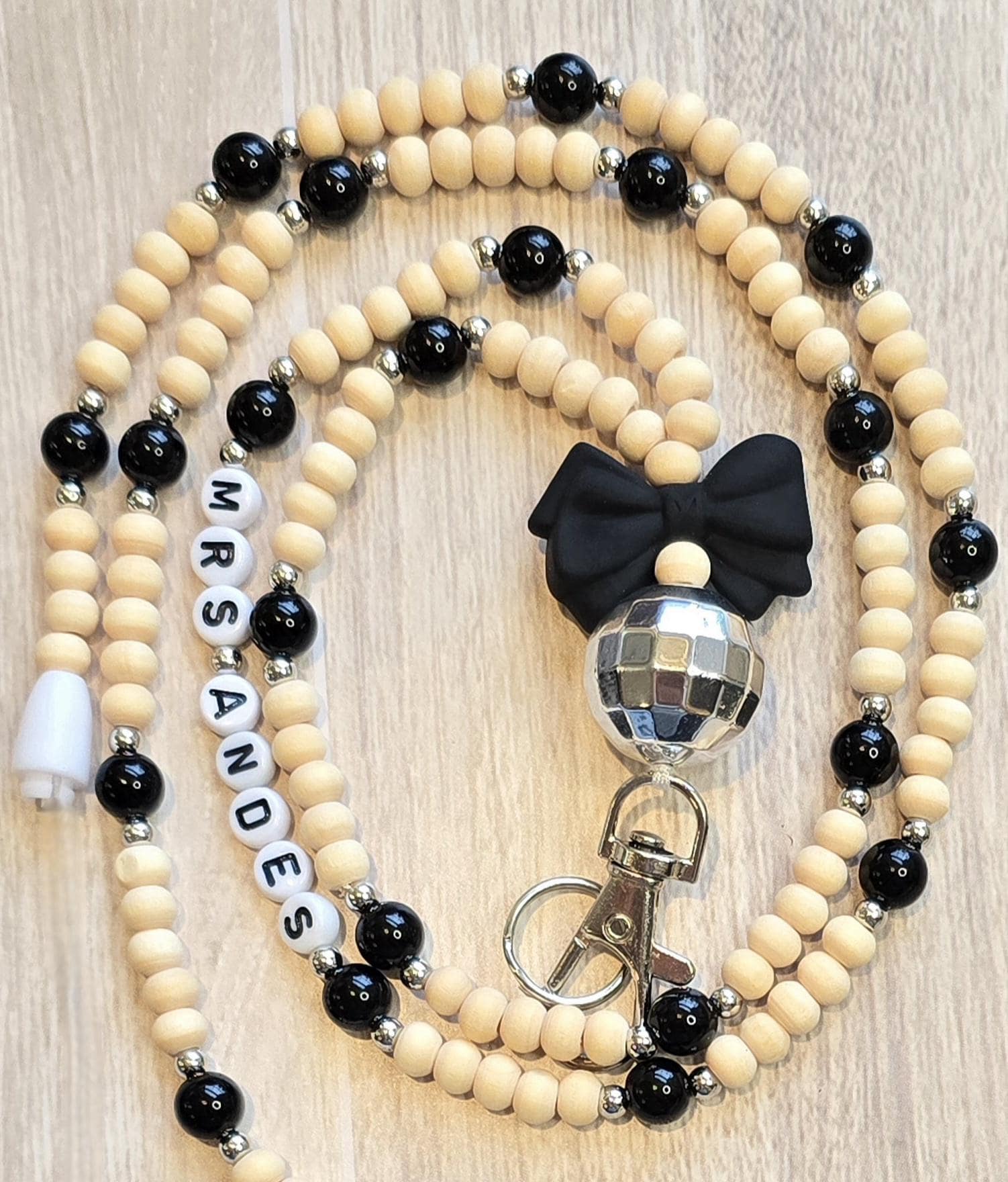 Coquette bow teacher lanyard with silver disco ball black and wood beads Personalized Back to school Teacher Appreciation End of year gift
