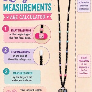 May include: An instructional graphic titled HOW LANYARD MEASUREMENTS ARE CALCULATED, showing a beaded lanyard with black, pink, blue, and white beads. It features a SCHOOL NURSE focal bead, a pink bandage bead, and a silver clasp, with text explaining measurement steps.
