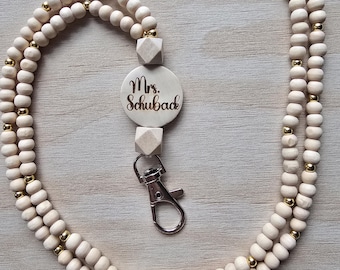 Teacher Lanyard Gold Beaded teacher appreciation gift Personalized Badge Holder, Lanyard with name for nurse or professional