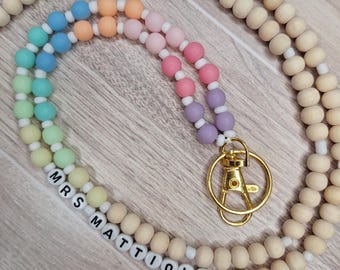 Teacher Lanyard Gold heart Beaded Lanyard, Boho pastel beaded Work Lanyard Personalized Beaded Lanyard for nurse or teacher ID Badge holder