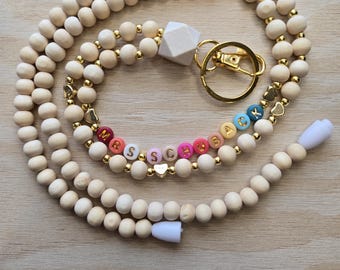 Teacher Lanyard, Gold heart and wood Beaded Work Lanyard, teacher gift, Personalized Lanyard, ID Badge Holder, Lanyard with name bohemian