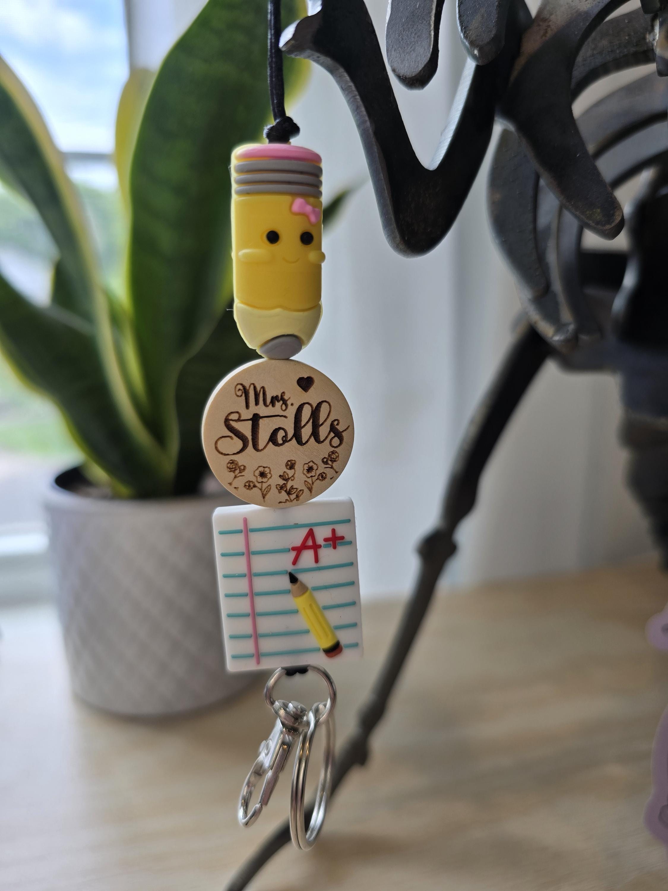 Personalized Teacher Lanyard: Engraved Name, Pencil & Paper Bead