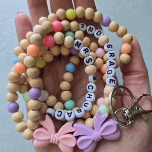 Pink and Purple Coquette Bow Teacher Lanyard Pastel Beaded Personalized Work Badge Student teacher appreciation gift back to school