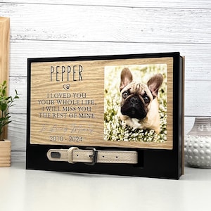 Pet Ashes & Keepsake Frame, Holds a collar and ashes, Pet Memorial Shadow Keepsake Wood Box with a dog photo