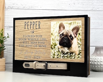 Urna conmemorativa personalizada para mascotas: foto, collar y caja de recuerdo para cenizas