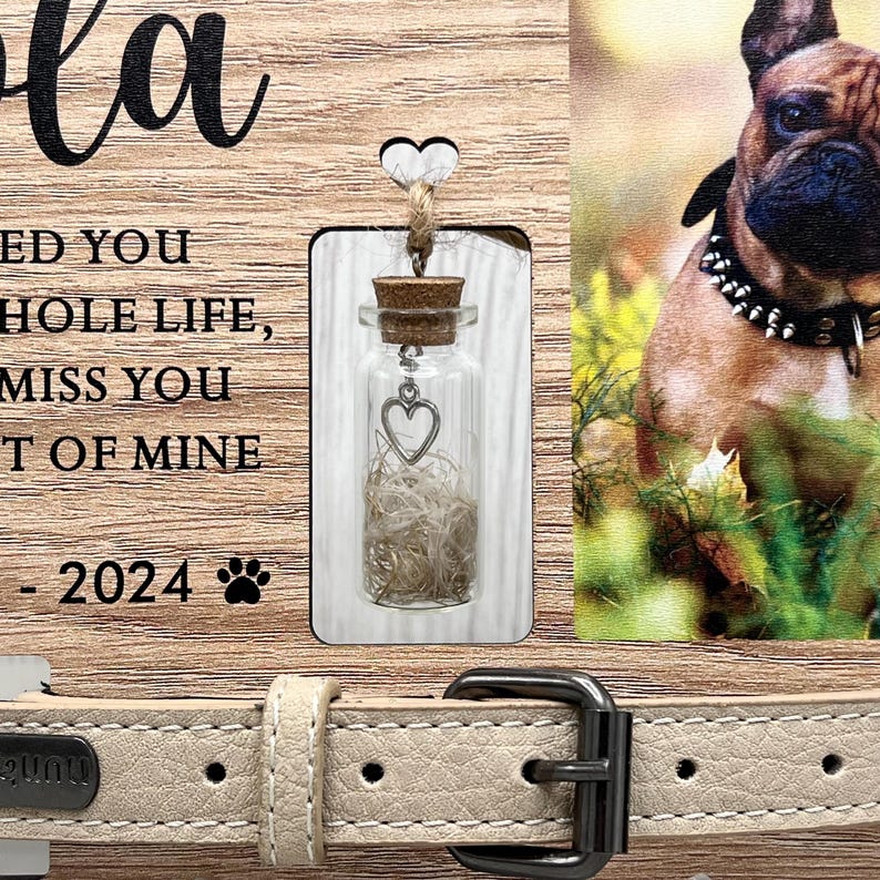 May include: Wooden pet memorial frame with a photo of a dog, a small glass bottle with a heart charm, and the text "Loved You Whole Life, Miss You, Part of Mine - 2024". A beige leather dog collar is at the bottom.