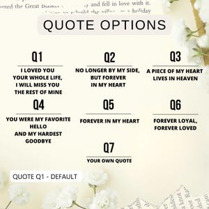 May include: A graphic with the words "QUOTE OPTIONS" at the top. Below are seven quote options, each with a unique message. The background is a light beige with floral accents, suggesting a theme of remembrance or sentiment.