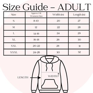 May include: A size guide for adult clothing, featuring a table with sizes S to XXXL. The table includes approximate UK women's sizes, width in inches (20-30 in), and length in inches (27-32 in). A hoodie illustration shows where to measure width and length.