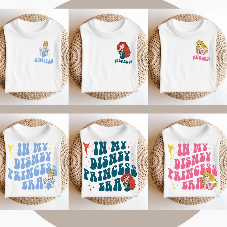 May include: Six white t-shirts with different Disney princess designs. The shirts feature Cinderella, Merida, Aurora, and the text "In My Disney Princess Era" with each princess.