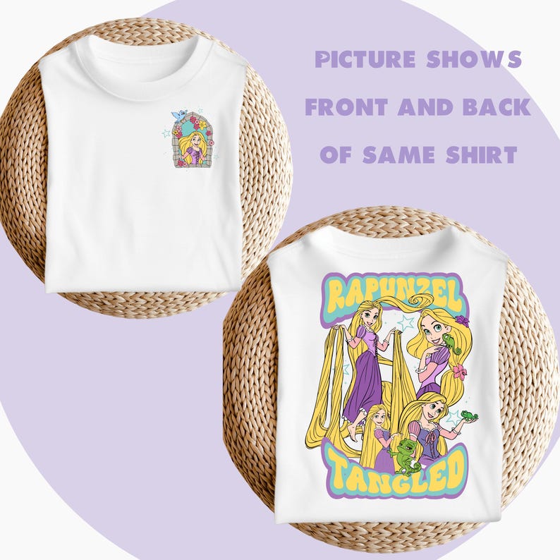 May include: White t-shirt featuring a graphic of Rapunzel from the film Tangled. The front of the shirt has a small image of Rapunzel in a window, while the back of the shirt has a larger image of Rapunzel with her long hair and a chameleon.