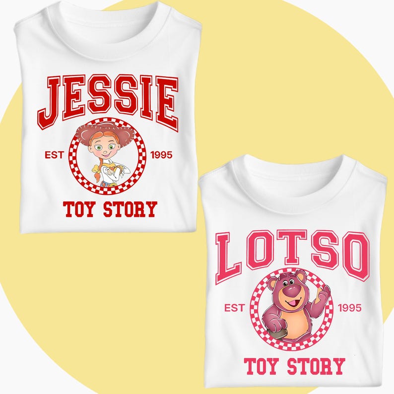 May include: Two white t-shirts with Toy Story designs. One displays "Jessie" in red, above a cartoon image of the character. The other features "Lotso" in pink, with a cartoon image of the character. Both shirts have "Toy Story" printed.