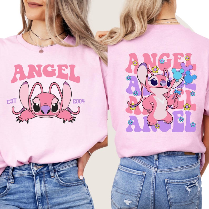 May include: Pink t-shirt with a cartoon character and the text "ANGEL EST 2004" on the front and the text "ANGEL" with a cartoon character on the back.
