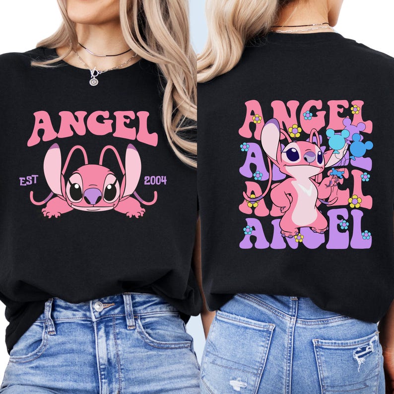 May include: Black t-shirt with a pink and purple graphic of Stitch from Lilo & Stitch. The graphic says "Angel" in a retro font with flowers and the text "Est 2004".