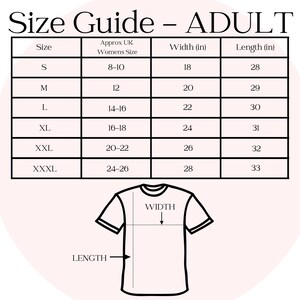 Puede incluir: Tabla de tallas para ropa de adulto con medidas en pulgadas. La tabla muestra la talla de mujer brit&aacute;nica correspondiente, el ancho y la longitud para las tallas S, M, L, XL, XXL y XXXL.
