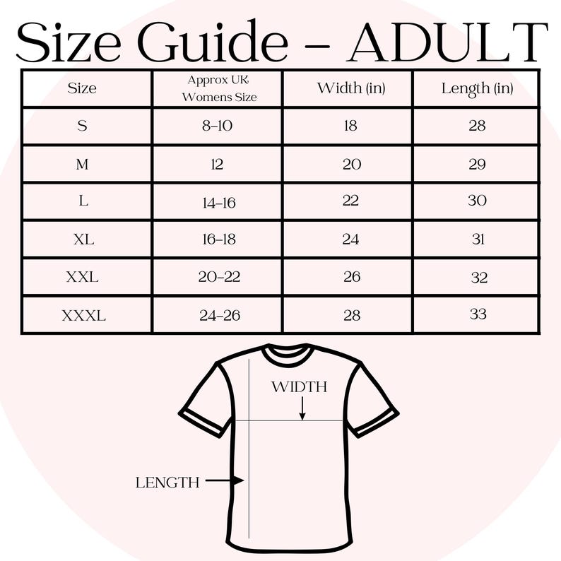 Puede incluir: Tabla de tallas para ropa de adulto con medidas en pulgadas. La tabla muestra la talla de mujer brit&aacute;nica correspondiente, el ancho y la longitud para las tallas S, M, L, XL, XXL y XXXL.