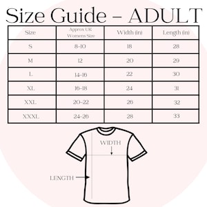 May include: Size chart for adult clothing with measurements in inches. The chart shows the corresponding UK women's size, width, and length for sizes S, M, L, XL, XXL, and XXXL.