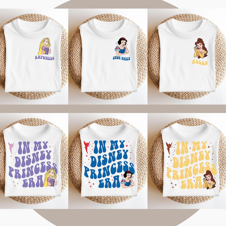 May include: Six white t-shirts with different Disney princess designs. The shirts feature the text "In My Disney Princess Era" with a princess image. The princesses featured are Rapunzel, Snow White, Belle, and Ariel.