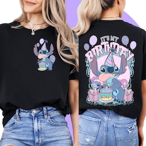 Chemise Lilo And Stitch | T-shirt d'anniversaire brodé | T-shirt enfant Lilo | T-shirt Disney Cartoon Mixte Adulte Enfants | Soirée à thème Disney
