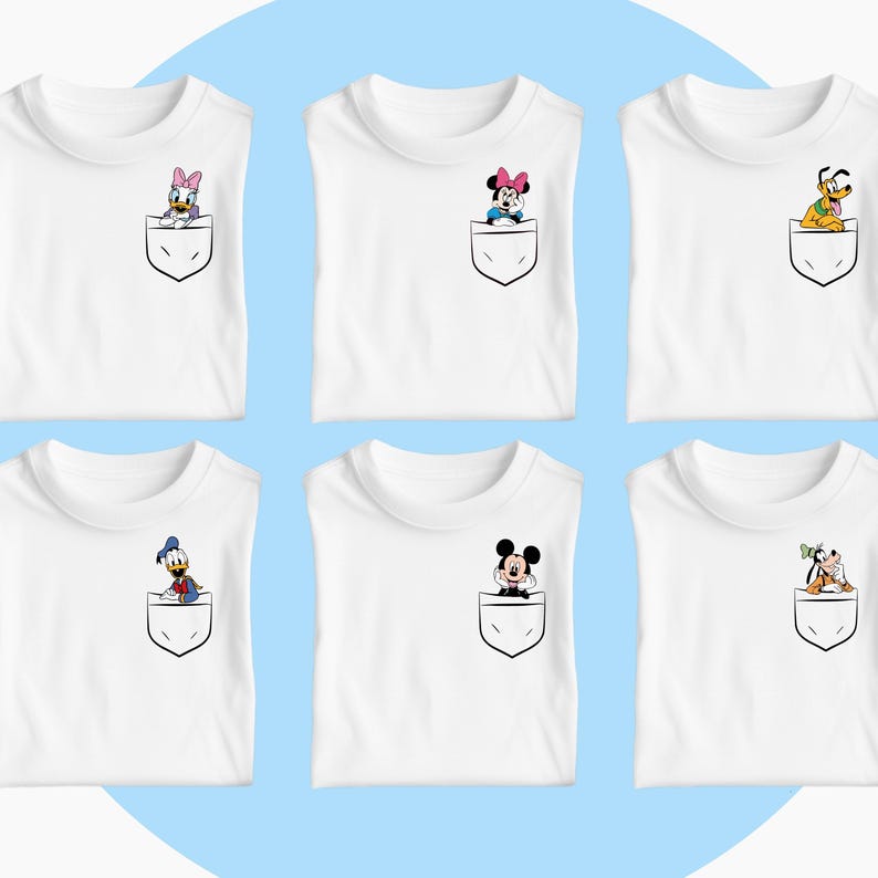 May include: Six white t-shirts with a pocket on the front. Each pocket features a different Disney character: Mickey Mouse, Minnie Mouse, Donald Duck, Goofy, Pluto, and Daisy Duck.