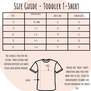 May include: Size chart for toddler t-shirts with measurements in inches for chest and length. The chart shows the approximate child age for each size, from 18-24 months to 5-6 years. The chart also includes a diagram of a t-shirt with the chest and length measurements labeled.