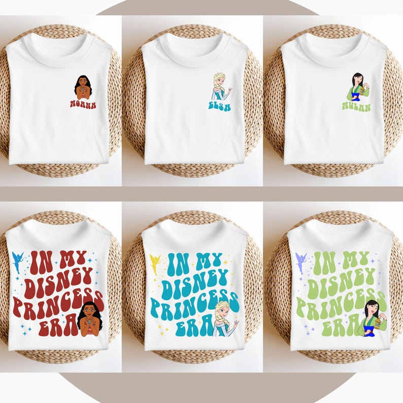 May include: Six white t-shirts with different Disney princess designs. The shirts feature Moana, Elsa, Mulan, and the text "In My Disney Princess Era" with each princess.