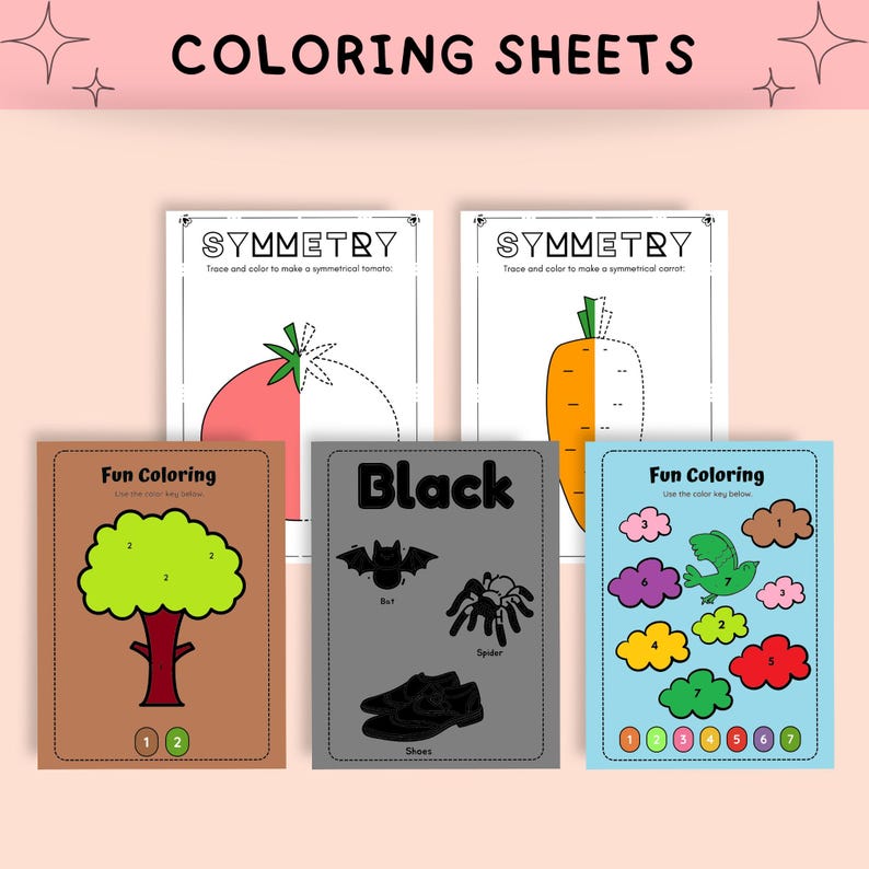 May include: A set of printable coloring sheets for kids. The sheets feature symmetry activities with a tomato and carrot, and fun coloring pages with a tree, bat, spider, shoes, clouds, and a bird. The sheets include color keys for the coloring pages.