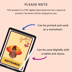 K&ouml;nnte beinhalten: Ein digitaler Download eines druckbaren November-Kalenders mit einem Cartoon-Truthahn mit einem rot-orange-gelb gemusterten K&ouml;rper und einem braunen Hut. Der Kalender befindet sich auf einem Tablet mit einem wei&szlig;en Stift.