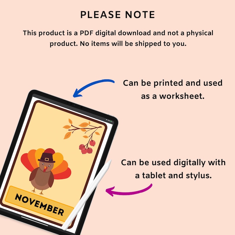 K&ouml;nnte beinhalten: Ein digitaler Download eines druckbaren November-Kalenders mit einem Cartoon-Truthahn mit einem rot-orange-gelb gemusterten K&ouml;rper und einem braunen Hut. Der Kalender befindet sich auf einem Tablet mit einem wei&szlig;en Stift.