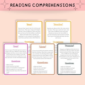 May include: Educational flashcards covering topics such as bees, beaches, fruit, lions, and penguins. Each card includes a brief description and questions to aid reading comprehension. The cards have a white background with colourful borders.