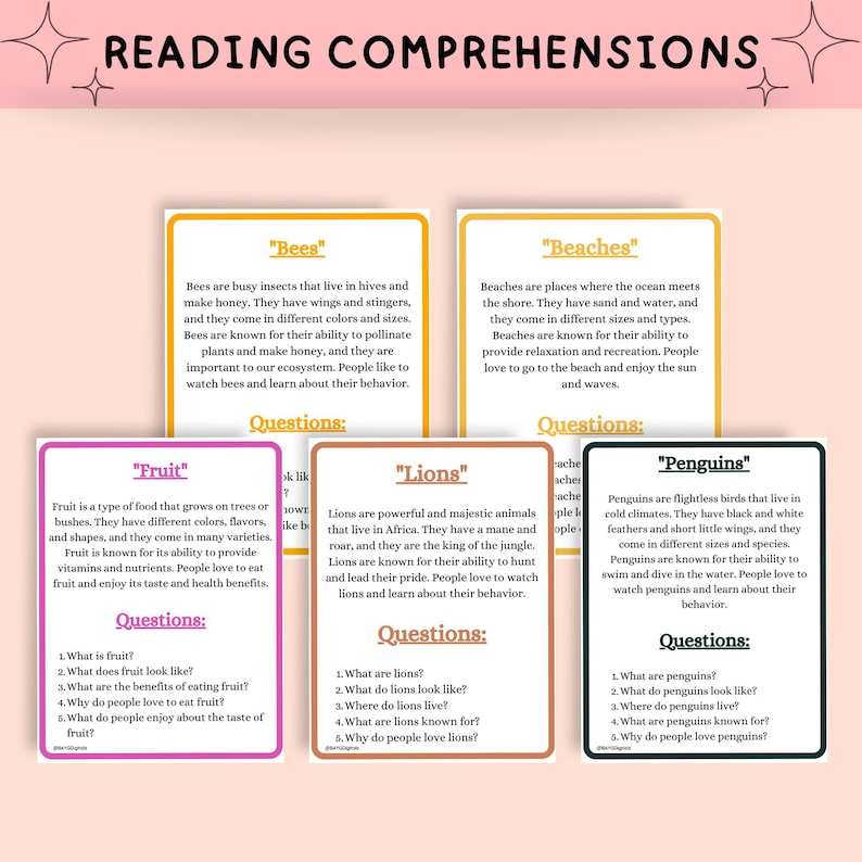 May include: Educational flashcards covering topics such as bees, beaches, fruit, lions, and penguins. Each card includes a brief description and questions to aid reading comprehension. The cards have a white background with colourful borders.