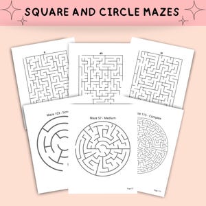 May include: Three black and white maze puzzles. The first two are square mazes, labeled "Maze 103 - Simple" and "Maze 57 - Medium". The third is a circular maze labeled "Maze 115 - Complex".