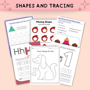 May include: Educational worksheets for children, focusing on shapes, tracing, and numbers. The image shows various pages with tracing exercises for shapes and a dog, plus the number one. The text "SHAPES AND TRACING" is at the top of the image.
